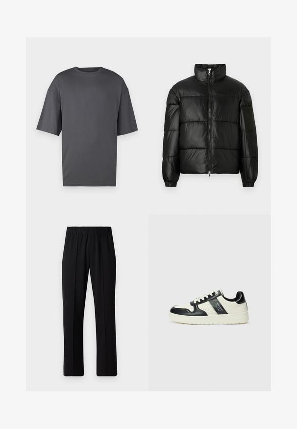 Schwarze Daunenjacke mit hohem Kragen, Reißverschluss vorne, gestepptem Design, elastischen Bündchen und glänzendem, glattem Stofffinish.; Übergröße dunkelgraues T-Shirt aus weichem Baumwollmaterial, mit klassischem Rundhals, kurzen Ärmeln und einer einfachen, glatten Textur.; Schwarze, Gummibund-Hosen mit geradem Schnitt, die eine glatte Textur aufweisen und keine sichtbaren Muster oder Beschläge haben.; Leder-Sneaker in Schwarz- und Cremetönen, mit perforierten Akzenten, einem gepolsterten Kragen und einer strukturierten Laufsohle.