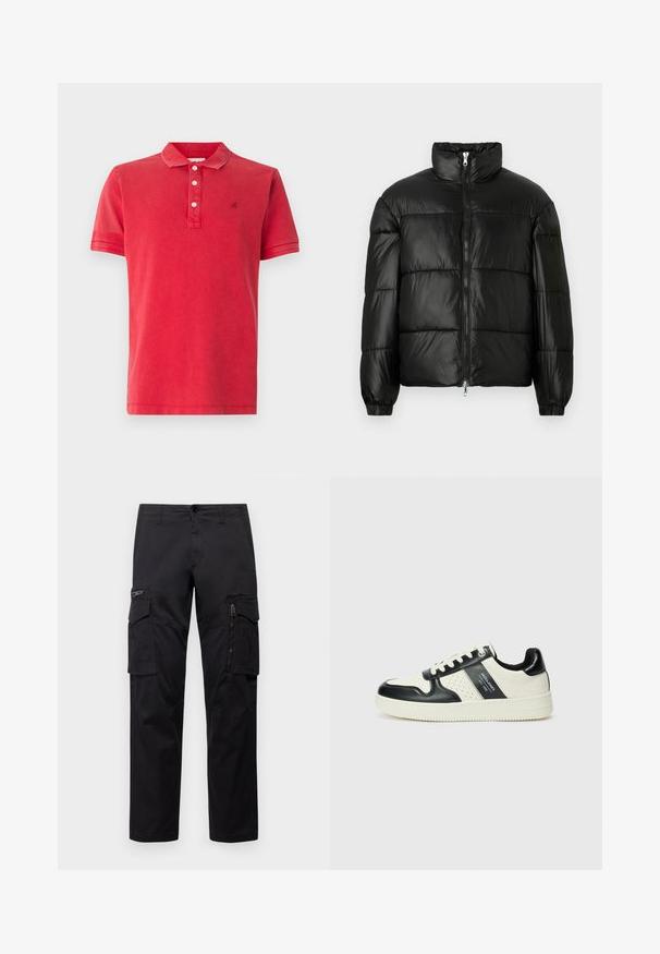Mustat puffer-takki korkealla kauluksella, vetoketjukiinnitys edessä, tikattu malli, joustavat hihansuut ja kiiltävä, sileä kangasviimeistely.; Punainen polo-paita pehmeästä puuvillakankaasta, jossa on klassinen kaulus, neljän napin nappilista ja hillitty logokuvaus rinnassa. Lyhyet hihat.; Mustat cargo-housut, joissa on useita taskuja, vetoketjullinen tasku reidellä, suora malli ja kestävä puuvillakangas, jossa on kevyt kiilto.; Nahkakengät musta-kerma värimaailmassa, joissa on rei'itetyt yksityiskohdat, pehmustettu nilkkaosa ja teksturoitu pohja.