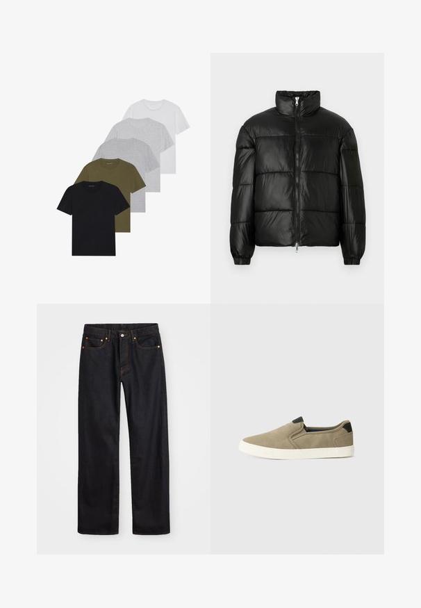 Geacă neagră din material puffy, cu guler înalt, închidere cu fermoar pe față, design matlasat, mansete elastice și finisaj din țesătură lucioasă și netedă.; Cinșe tricouri cu guler rotund în culorile negru, oliv, gri deschis, gri închis și alb. Realizate dintr-un material moale, cu mâneci scurte și o croială lejeră.; Jeans negri din denim pentru bărbați, cu croială dreaptă, cinci buzunare și cusături portocalii, închidere cu nasture și fermoar pe talie.; Pantofi slip-on taupe cu un material superior texturat, accent pe toc negru în contrast și talpă din cauciuc alb. Design perforat pentru respirabilitate.