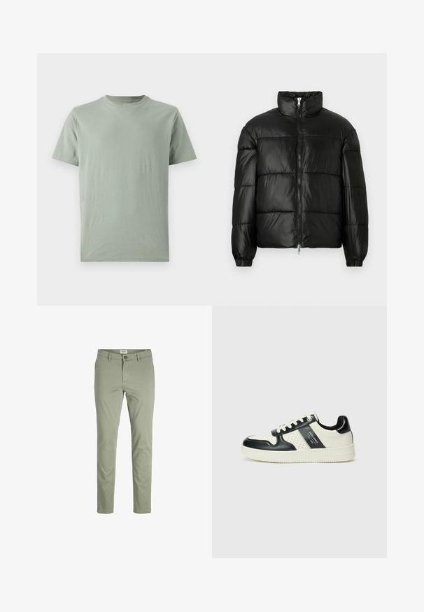 Fekete puffernadrág magas gallérral, cipzáras elülső záródással, steppelt kialakítással, elasztikus mandzsettákkal és fényes, sima szövetfelülettel.; GAP EVERYDAY SOFT CREW SOLID - Basic póló - gasoline green; Világos olajzöld nadrág sima anyagból, cipzáros és gombos záródással, slim fit szabással és egyenes szárakkal.; Fekete és krém színű bőrsneaker, perforált díszítésekkel, párnázott bokapánttal és texturált talppal.