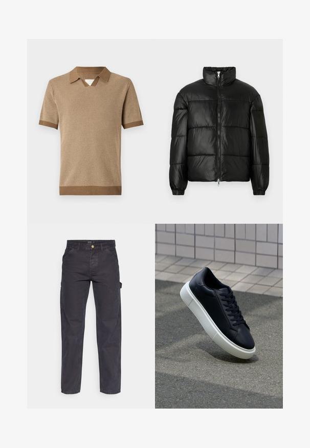 Černá péřová bunda s vysokým límcem, zapínáním na zip, prošívaným designem, elastickými manžetami a lesklým, hladkým povrchem.; Hnědý polokošile s krátkým rukávem a texturovaným pletem, se kontrastním límcem a manžetami ve tmavším odstínu.; Tmavě šedé cargo kalhoty vyrobené z odolné látky, s rovnými nohavicemi, pěti kapsami a knoflíkovým zapínáním v pase.; Černé kožené tenisky s kulatou špičkou a bílou gumovou podrážkou. mají ploché tkaničky a minimální šití na svršku. Texturovaná podrážka pro lepší přilnavost.