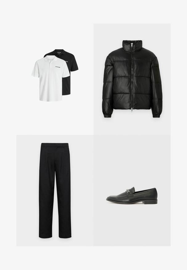 Must mustaga jakker, millel on kõrge krae, luku esikinnitus, tikanditud disain, elastsed mansetid ja läikiv, sile kangast viimistlus.; Kaks lühikeste varrukatega polo särk musta ja valge värviga, valmistatud puuvillast kerge tekstuuriga viimistlusega; sisaldab kraed ja logo aktsenti.; Mustad mustadest riietest, millel on sirge jalgade disain, kaks eesmist voltimist ja tavaline vöökoht, millel on vöökohad.; Must haveate nahkking punased, millel on sile viimistlus, tikitud muster ja dekoratiivne metallkett vampi üle. Tasane konts.
