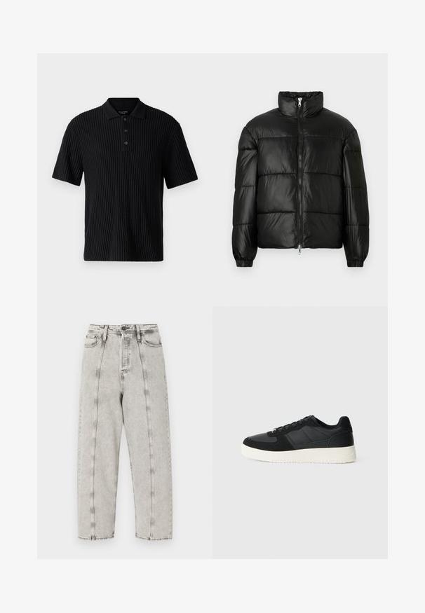 Zwarte pufferjack met een hoge kraag, ritsvoorzijde, gestikt ontwerp, elastische manchetten en een glanzende, gladde stofafwerking.; Abercrombie & Fitch Poloshirt - casual black; Grijze high-waisted jeans met een losse pasvorm, voorzien van een recht gesneden ontwerp, zichtbare stiksels en een verstoord textuur.; Zwarte low-top sneaker met gestructureerd leer en suède panelen, witte rubberen zool en zwarte veters op een effen lichte achtergrond.