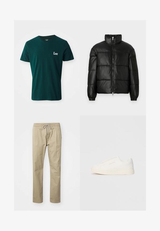 Juodas pūkinis švarkas su aukštu apykakle, užtrauktuko priekyje, siuvinėtu dizainu, elastingais rankogaliais ir blizgia, lygiąja audinio apdaila.; Tamsiai žalias medvilnės marškinėliai su apvalia apykakle, trumpomis rankovėmis ir balta siuvinėta "Lee" logo kairėje krūtinės pusėje.; Bežiniai chinos kelnės, pagamintos iš medvilnės mišinio, su elastinga juosta ir raišteliu, o šoninės raukšlės suteikia papildomą komfortą ir stilių.; Baltos slip-on sportbačiai su tekstūruota paviršiumi, storesniu padu ir minimalistišku dizainu. Šone matosi prekės ženklo logotipas.