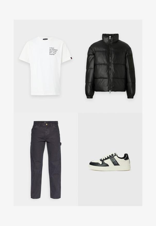 Mustat puffer-takki korkealla kauluksella, vetoketjukiinnitys edessä, tikattu malli, joustavat hihansuut ja kiiltävä, sileä kangasviimeistely.; Valkoinen puuvillapaita, jossa on musta teksti etupuolella: "Jään vapautetuksi New York, NY - Heinäkuu, Replay," lyhyillä hihoilla ja pyöreällä kaula-aukolla.; Tummanharmaat cargo-housut, jotka on valmistettu kestävästä kankaasta. Niissä on suora lahkeellinen leikkaus, viisi taskua ja nappikiinnitys vyötäröllä.; Nahkakengät musta-kerma värimaailmassa, joissa on rei'itetyt yksityiskohdat, pehmustettu nilkkaosa ja teksturoitu pohja.