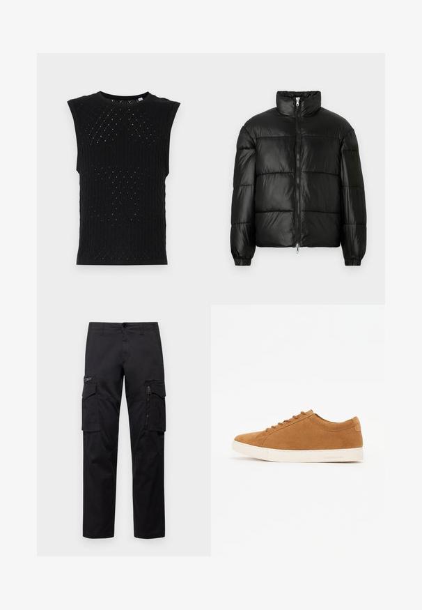 Schwarze Daunenjacke mit hohem Kragen, Reißverschluss vorne, gestepptem Design, elastischen Bündchen und glänzendem, glattem Stofffinish.; Schwarzes ärmelloses Stricktop mit einem strukturierten Muster aus Diamanten und kleinen Löchern. Es hat einen runden Ausschnitt und gerippte Kanten.; Schwarze Cargo-Hosen mit mehreren Taschen, einer Reißverschlusstasche am Oberschenkel, geradem Schnitt und strapazierfähigem Baumwollstoff mit leichtem Glanz.; Braune Wildleder-Sneaker mit einem Low-Top-Design, weißer Gummisohle und runder Zehenpartie. Verfügt über passende Schnürsenkel und eine minimalistische Markenbezeichnung an der Ferse.