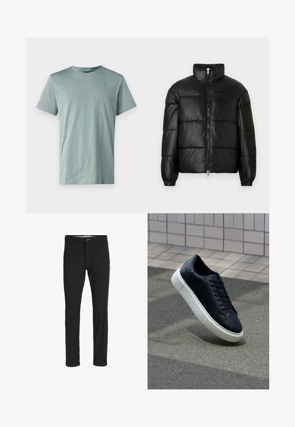 Melna pūkainā jaka ar augstu apkakli, rāvējslēdzēja priekšējo aizdari, quilted dizainu, elastīgām piedurknēm un spīdīgu, gludu auduma apdari.; Gaiši zaļš kokvilnas T-krekls ar īsām piedurknēm, apaļu kakla izgriezumu un mazu logo kreisajā augšējā krūtī. Gluda tekstūra, vienkāršs dizains.; Melnas kokvilnas maisījuma bikses ar šauru piegriezumu, ar pogu aizdari, kabatām un rullētām piedurknēm ikdienišķam izskatam.; Melnas ādas kedas ar noapaļotu pirkstu un baltu gumijas zoli. Iespējas - plakanas šņorītes un minimāla apdare augšdaļā. Struktūrēta zole, lai nodrošinātu saķeri.