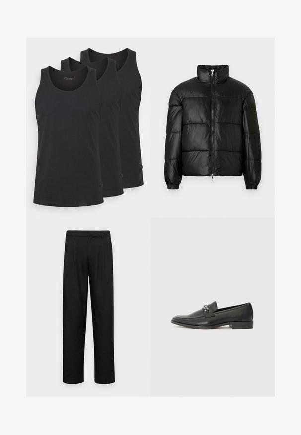 Black puffer jacket with a high collar, zip front closure, quilted design, elastic cuffs, and shiny, smooth fabric finish.; Black cotton tank tops in a set of three. Features a round neckline, sleeveless design, and a straight hem. Smooth texture, minimal branding.; Black trousers made of smooth fabric, featuring a straight-leg design, two front pleats, and standard waistband with belt loops.; Black leather loafer with a smooth finish, featuring a stitched design and a decorative metal chain accent across the vamp. Flat heel.