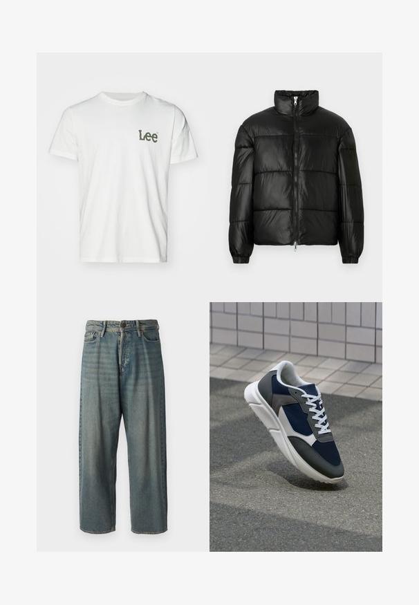 Fekete puffernadrág magas gallérral, cipzáras elülső záródással, steppelt kialakítással, elasztikus mandzsettákkal és fényes, sima szövetfelülettel.; Fehér pamut póló rövid ujjal és kerek nyakkivágással. A bal mellrészen zöld "Lee" logó található. Simaság jellemzi.; Világoskék farmernadrág, laza fazonnal, közepes derékbőséggel és egyenes szárral. Öt zsebet, övbucskát és gombos záródást tartalmaz.; Cipő, amelynek sötétkék hálós felsőrésze, szürke velúr díszítései, fehér gumitalpa és lapos fehér fűzője van, a kényelem és a légáteresztő képesség érdekében tervezve.