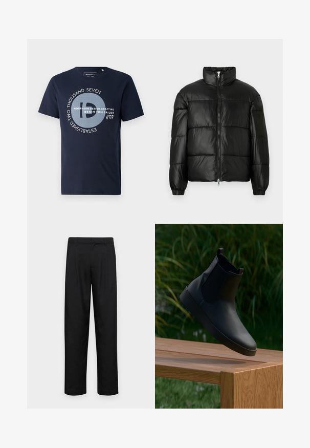 Chaqueta de pluma negra con un cuello alto, cierre frontal con cremallera, diseño acolchado, puños elásticos y acabado de tela brillante y suave.; Camiseta de algodón azul marino de manga corta, con un diseño gráfico circular y texto en blanco, que incluye "NORTHERN DESIGN CRAFTING."; Pantalones negros de tela suave, con un diseño de pierna recta, dos pliegues frontales y una cintura estándar con trabillas para el cinturón.; Botín negro de cuero con paneles laterales elásticos, textura suave, punta redondeada y suela plana, posicionado sobre una mesa de madera con un fondo de vegetación.