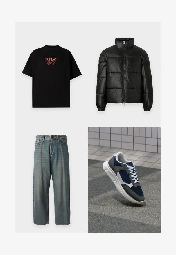 Black puffer jacket with a high collar, zip front closure, quilted design, elastic cuffs, and shiny, smooth fabric finish.; Black cotton t-shirt with short sleeves, round neck, featuring a red "REPLAY" logo and symbols aligned centrally on the chest.; Light blue denim jeans with a loose fit, mid-rise waist, and straight legs. Features five pockets, belt loops, and a button closure.; Sneaker featuring a navy blue mesh upper, gray suede accents, white rubber sole, and flat white laces, designed for comfort and breathability.