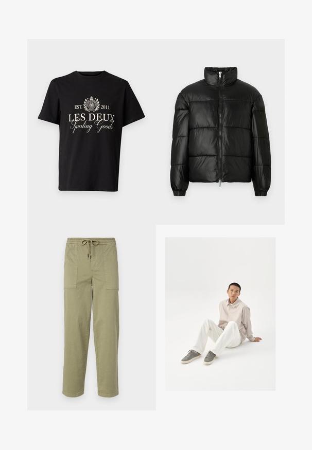 Must mustaga jakker, millel on kõrge krae, luku esikinnitus, tikanditud disain, elastsed mansetid ja läikiv, sile kangast viimistlus.; Mustmust t-särk ümarate kaelustega, millel on valge trükitud tekst: "LES DEUX Sporting Goods" ja logo laurel aktsentidega.; Kerged oliivrohelised püksid, mis on valmistatud puuvilla segakangast, elastse vöökoha ja nööriga, ning kahel suurel küljeosal.; Bees värvi särk, valged püksid ja hallid tossud. Särk on lõdva istuvusega ja tossudel on tekstuuriga pind ning nööbid.