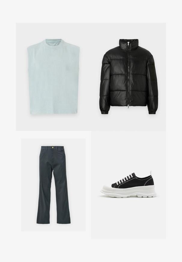 Fekete puffernadrág magas gallérral, cipzáras elülső záródással, steppelt kialakítással, elasztikus mandzsettákkal és fényes, sima szövetfelülettel.; Világoskék, ujjatlan póló, lekerekített nyakkivágással, puha anyagból készült, egyenes szabással és minimalista dizájnnal.; Fekete nadrág egyenes szárú fazonban, pamut keverék anyagból készült. Fém gombos záródással és oldalsó zsebekkel rendelkezik. Nincs látható mintázat.; Fekete vászon sportcipők fehér gumitalppal, lekerekített orr résszel és fehér fűzőkkel. Jellegzetes textúrájú talp és oldalsó varrási részlet.