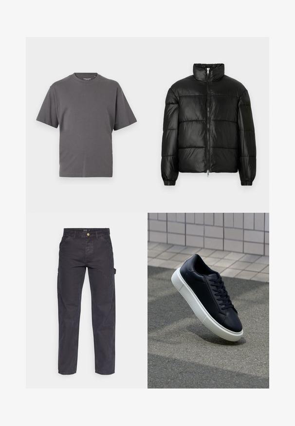 Sort puffet jakke med høj krave, lynlås foran, quiltet design, elastiske manchetter og skinnende, glat stoffinish.; Grå T-shirt med korte ærmer, lavet af en blød bomuldsblanding, med rund hals og et enkelt design uden mønstre eller accenter.; Mørkegrå cargo-bukser lavet af slidstærkt stof, med lige ben, fem lommer og en knaplukning i taljen.; Sort lædersneaker med rund tå og hvid gummisål. Har flade snørebånd og minimal syning på overdelen. Tekstureret sål for bedre greb.