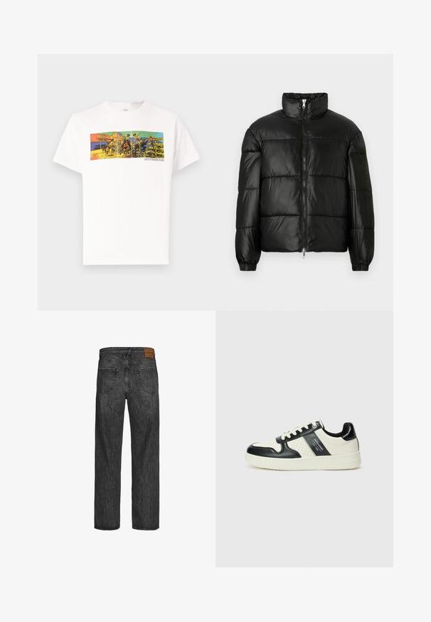 Geacă neagră din material puffy, cu guler înalt, închidere cu fermoar pe față, design matlasat, mansete elastice și finisaj din țesătură lucioasă și netedă.; Tricou alb din bumbac cu un print grafic colorat care prezintă o scenă de vest, având textul "LEVI STRAUSS & CO." în partea de jos.; Blugi negri din denim cu un design drept, stil cu cinci buzunare și o etichetă din piele maro la talie. Material texturat cu detalii de cusătură.; Tenisi din piele cu un scheme de culori negru și crem, dotati cu accente perforate, guler căptușit și o talpă texturată.