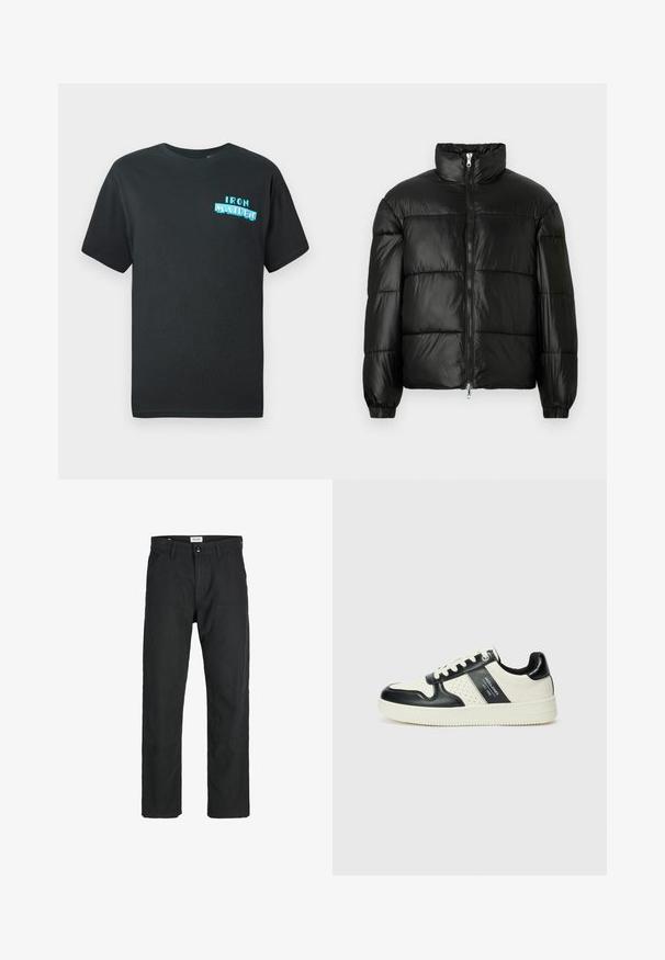 Black puffer jacket with a high collar, zip front closure, quilted design, elastic cuffs, and shiny, smooth fabric finish.; Black cotton t-shirt with short sleeves, featuring a blue graphic design that reads "IRON MAIDEN" in stylized letters on the front.; Black pants made of durable fabric, featuring a straight-leg design, stitched accents, and two front pockets for functionality.; Leather sneakers with a black and cream color scheme, featuring perforated accents, a padded collar, and a textured outsole.