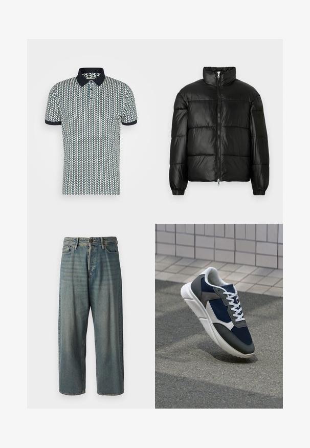 Schwarze Daunenjacke mit hohem Kragen, Reißverschluss vorne, gestepptem Design, elastischen Bündchen und glänzendem, glattem Stofffinish.; Kurzarm-Polohemd in Creme mit marineblauen Kragen und Saum, das ein geometrisches Blattmuster in Grün und Marineblau auf einem strukturierten Stoff zeigt.; Helle blaue Denim-Jeans mit lockerer Passform, mittelhoher Taille und geraden Beinen. Hat fünf Taschen, Gürtelschlaufen und einen Knopfverschluss.; Sneaker mit einem Obermaterial aus navyblauem Mesh, grauen Wildlederelementen, einer weißen Gummisohle und flachen weißen Schnürsenkeln, entworfen für Komfort und Atmungsaktivität.