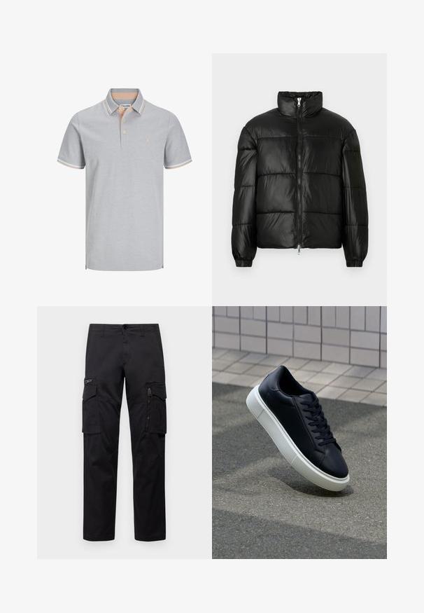 Must mustaga jakker, millel on kõrge krae, luku esikinnitus, tikanditud disain, elastsed mansetid ja läikiv, sile kangast viimistlus.; Helehallide polo-särk, millel on krae, kahe nupuga nööpkäe ja kontrastsete virsikuvärvi triipudega krael ja varrukatel. Lihtne logo aktsent.; Mustad mustree püksid, millel on mitu taskut, lukuulukuga tasku reie peal, sirge lõige ja tugevast puuvillast materjal, millel on kerge läige.; Mustast nahast tennisetoss, millel on ümar nina ja valge kummist tall. Omab siredaid paelu ja minimaalset õmblemist ülemises osas. Tekstuuriga tald, mis tagab haakuvuse.