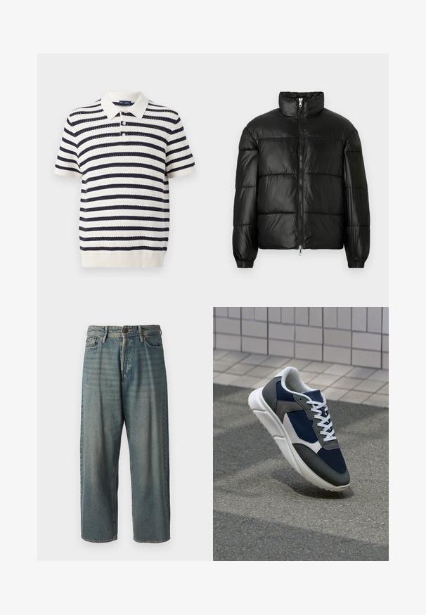 Schwarze Daunenjacke mit hohem Kragen, Reißverschluss vorne, gestepptem Design, elastischen Bündchen und glänzendem, glattem Stofffinish.; Gestreiftes Poloshirt mit abwechselnden marineblauen und cremefarbenen Streifen, kurzen Ärmeln, geribtem Kragen und einer Knopfleiste mit drei Knöpfen. Stricktextur.; Helle blaue Denim-Jeans mit lockerer Passform, mittelhoher Taille und geraden Beinen. Hat fünf Taschen, Gürtelschlaufen und einen Knopfverschluss.; Sneaker mit einem Obermaterial aus navyblauem Mesh, grauen Wildlederelementen, einer weißen Gummisohle und flachen weißen Schnürsenkeln, entworfen für Komfort und Atmungsaktivität.