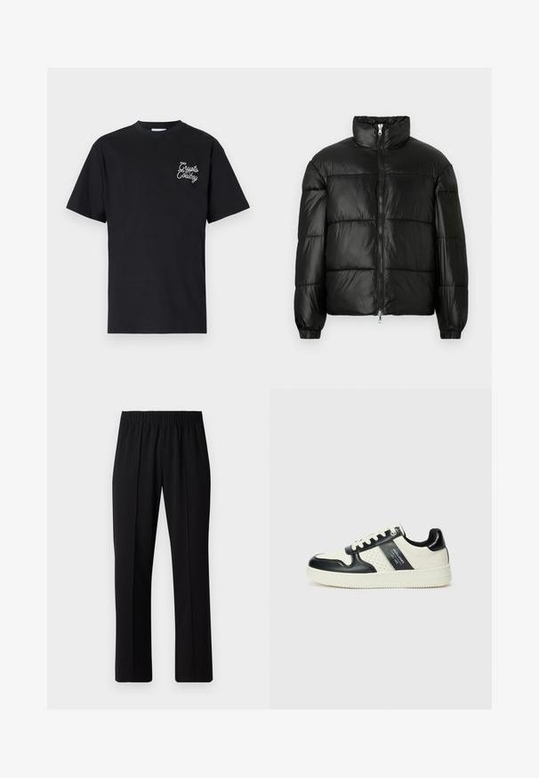 Zwarte pufferjack met een hoge kraag, ritsvoorzijde, gestikt ontwerp, elastische manchetten en een glanzende, gladde stofafwerking.; Zwart katoenen t-shirt met korte mouwen, een ronde hals en een wit geborduurd 'Crypto Cowboy' logo op de linkerborst.; Zwarte, elastische broek met rechte pijpen, met een gladde textuur en zonder zichtbare patronen of hardware.; Leren sneakers met een zwart en crèmekleurig kleurenschema, voorzien van geperforeerde accenten, een gevoerde kraag en een gestructureerde buitenzool.