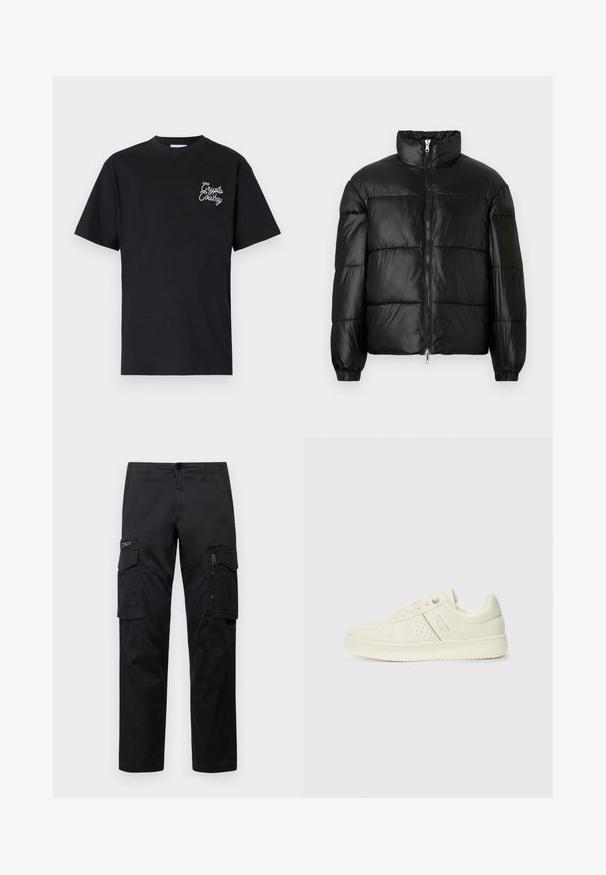 Črna pufasta jakna z visokim ovratnikom, z zadrgo spredaj, prešito zasnovo, elastičnimi manšetami in sijočim, gladkim zaključkom tkanine.; Črn bombažni majica s kratkimi rokavi, okroglim ovratnikom in belim vezenim logotipom "Crypto Cowboy" na levem prsnem delu.; Črne cargo hlače z več žepi, z zadrgo na stegnu, ravnim krojem in trdnim bombažnim materialom z rahlo sijajem.; Sneaker v kremni barvi s perforiranim detajlom, vezalkami in logotipom na strani, prikazan na enostavni beli ozadju.