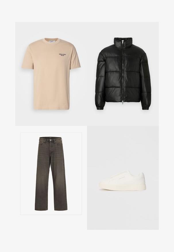 Melna pūkainā jaka ar augstu apkakli, rāvējslēdzēja priekšējo aizdari, quilted dizainu, elastīgām piedurknēm un spīdīgu, gludu auduma apdari.; Beige kokvilnas t-krekls ar īsām piedurknēm, apaļo kakla izgriezumu un mazu tumši zilu logotipu uz kreisā krūts. Gluda tekstūra, vienkāršs dizains.; Platas kājas džinsi tumši pelēkā denima, ar augstu jostasvietu, klasisku piecu kabatu dizainu un kontrastējošām šuvēm.; Baltas slip-on sporta apavi ar teksturētu virsmu, biezu zoli un minimālistisku dizainu. Sānos redzams zīmola logotips.