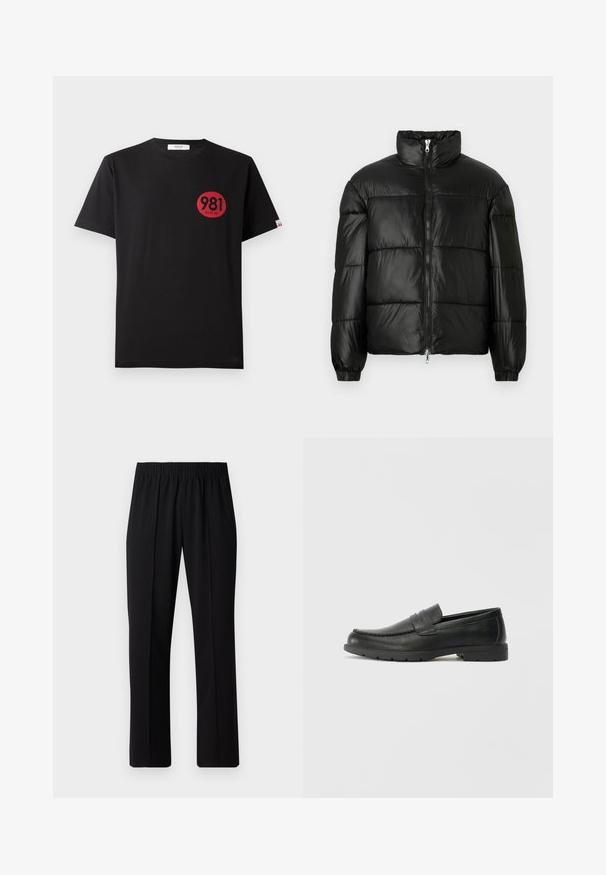 Juodas pūkinis švarkas su aukštu apykakle, užtrauktuko priekyje, siuvinėtu dizainu, elastingais rankogaliais ir blizgia, lygiąja audinio apdaila.; Juodas medvilnės marškinėliai trumpomis rankovėmis su raudonu apvaliu spaudiniu, kuriame yra numeriai "981" ir žodis "REPLAY."; Juodos, elastingos juosmens kelnės su tiesiomis kojomis, turinčios lygų paviršių ir be matomų raštų ar detalių.; Juodai odiniai loaferiai su sklandžiu paviršiumi, mokasino stiliaus viršus, siuvinėjimu ir guminėmis padangomis. Klasikinis dizainas su žemu kulnu.