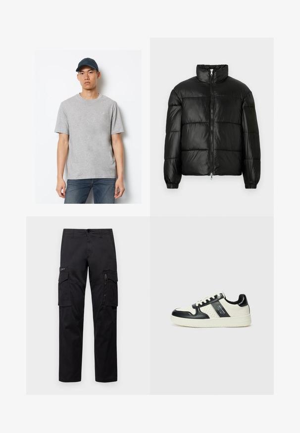 Svart pufferjakke med høy krage, glidelås foran, quiltet design, elastiske mansjetter og blank, glatt stofffinish.; Grå bomull T-skjorte med korte ermer og rund hals, kombinert med mørkeblå jeans og en matchende caps med logo foran.; Sorte cargo bukser med flere lommer, en lynlåslomme på låret, rett passform og solid bomullsstoff med lett glans.; Lædersneakers med sort og creme farveskema, der har perforerede detaljer, en polstret krave og en struktureret ydersål.