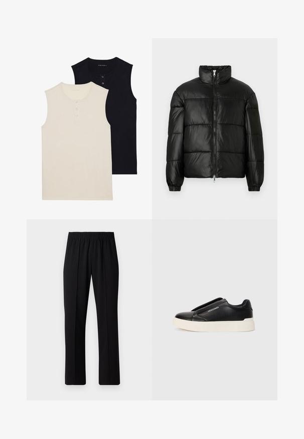 Čierna páperová bunda s vysokým golierom, predným zipsom, prešívaným dizajnom, elastickými manžetami a lesklým hladkým materiálom.; Dve bezrukávové bavlnené topy: jeden béžový s gombíkovou légou a jeden jednofarebný čierny. Oba majú okrúhly výstrih a priliehavý strih.; Čierne nohavice s elastickým pásom a rovnými nohavicami, majú hladkú textúru a žiadne viditeľné vzory ani kovové doplnky.; Čierne tenisky na gumenú podrážku so štruktúrovaným koženým vrchom, biela gumová podrážka a žiadne viditeľné šnúrky. Na boku sa nachádza logo značky.