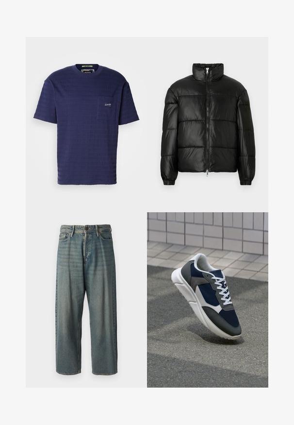 Svart pufferjakke med høy krage, glidelås foran, quiltet design, elastiske mansjetter og blank, glatt stofffinish.; Marineblå kortermet t-skjorte med teksturert stoff, med horisontale striper og en liten brystlomme med logo.; Lyseblå denimjeans med løs passform, midjehøyde og rette ben. Har fem lommer, beltehemper og knappelukking.; Sneakers med en navy blå mesh-overdel, grå sømværk, hvit gummisåle og flate hvite snører, designet for komfort og pusteevne.