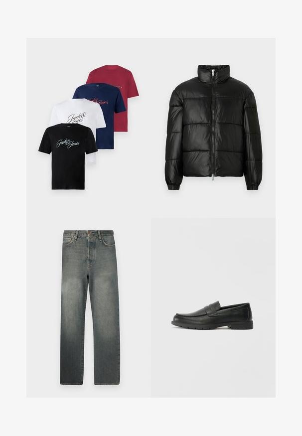 Crna puffer jakna s visokim ovratnikom, zatvaranjem na zip, quilted dizajnom, elastičnim manžetama i sjajnim, glatkim materijalom.; Četiri majice kratkih rukava od pamuka u crnoj, bijeloj, mornarsko plavoj i burgundijskoj boji. Svaka nosi natpis "Jack & Jones" ispisan u različitim fontovima na prednjoj strani.; Jack & Jones JJIALEX JJCOOPER - Vrećaste traperice - black denim; Crne kožne mokasine s glatkom površinom, gornji dio u stilu mokasina, ojačani šavovi i gumeni potplat. Klasičan dizajn s niskom petom.
