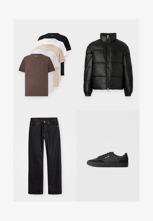 Chaqueta de pluma negra con un cuello alto, cierre frontal con cremallera, diseño acolchado, puños elásticos y acabado de tela brillante y suave.; Cinco camisetas de manga corta en marrón, gris, beige, blanco y negro, con cuello redondo y tejido de algodón suave y liso.; Jeans de mezclilla negros de pierna recta para hombre, con cinco bolsillos y costuras en color naranja, cierre de botón y cremallera en la parte delantera de la cintura.; Zapatillas negras con una combinación de materiales de cuero y ante, con cordones redondos, suela de goma texturizada y un logo de la marca en el lateral.