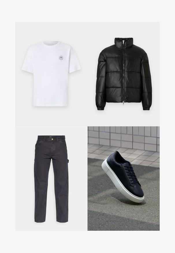 Sort puffet jakke med høj krave, lynlås foran, quiltet design, elastiske manchetter og skinnende, glat stoffinish.; Hvid bomulds t-shirt med korte ærmer, der har et lille trykt trekant- og øje-design med strålende linjer på venstre brystområde.; Mørkegrå cargo-bukser lavet af slidstærkt stof, med lige ben, fem lommer og en knaplukning i taljen.; Sort lædersneaker med rund tå og hvid gummisål. Har flade snørebånd og minimal syning på overdelen. Tekstureret sål for bedre greb.