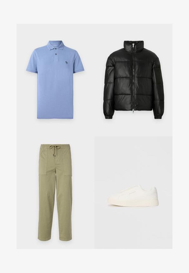 Mustat puffer-takki korkealla kauluksella, vetoketjukiinnitys edessä, tikattu malli, joustavat hihansuut ja kiiltävä, sileä kangasviimeistely.; Vaaleansininen polo-paita, joka on valmistettu tekstuurisesta kankaasta. Paidassa on klassinen kaulus, kaksinappinen rintus, ja pieni brodeerattu logo rinnassa.; Vaaleanoliivinvihreät housut, jotka on valmistettu puuvillasekoitteesta. Housuissa on joustava vyötärö, joka sisältää nyörin, sekä kaksi suurta sivutaskua.; Valkoiset liukusukat, joissa on teksturoitu pinta, paksu pohja ja minimalistikot. Sivulla on brändin logo.
