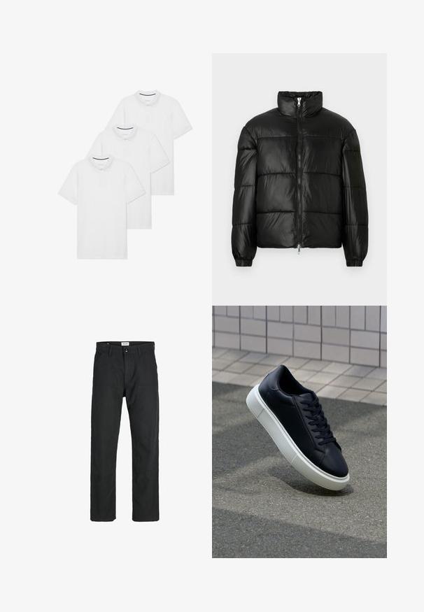 Must mustaga jakker, millel on kõrge krae, luku esikinnitus, tikanditud disain, elastsed mansetid ja läikiv, sile kangast viimistlus.; Kolm lihtsat valget polo särki, millel on krae, lühikesed varrukad, nupuvajutustega frontale ja väike tumesinine aktsent krae sees.; Mustad mustad, mis on valmistatud vastupidavast kangast, sirge jala disainiga, õmmeldud detailidega ja kahe eesmise taskuga funktsionaalsuse jaoks.; Mustast nahast tennisetoss, millel on ümar nina ja valge kummist tall. Omab siredaid paelu ja minimaalset õmblemist ülemises osas. Tekstuuriga tald, mis tagab haakuvuse.