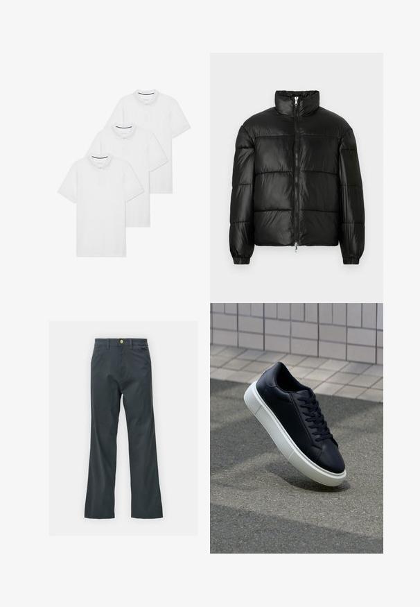 Mustat puffer-takki korkealla kauluksella, vetoketjukiinnitys edessä, tikattu malli, joustavat hihansuut ja kiiltävä, sileä kangasviimeistely.; Kolme yksinkertaista valkoista polo-paitaa, joissa on kaulus, lyhyet hihat, nappilista ja pieni tummansininen yksityiskohta kauluksessa.; Mustat housut suoran lahkeen leikkauksella, valmistettu puuvillasekoitekankaasta. Varustettu metallinappikiinnityksellä ja sivutaskuilla. Ei näkyviä kuvioita.; Mustat nahkakengät, joissa on pyöristetty kärki ja valkoinen kumipohja. Varusteena litteät nauhat ja minimaalinen ommel ylhäällä. Teksturoitu pohja pitävyyden lisäämiseksi.