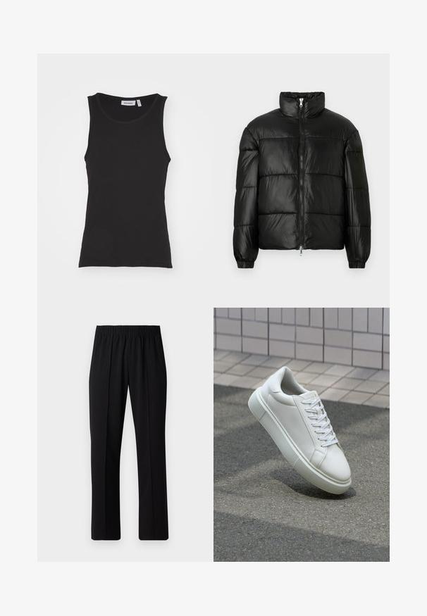 Chaqueta de pluma negra con un cuello alto, cierre frontal con cremallera, diseño acolchado, puños elásticos y acabado de tela brillante y suave.; Camiseta sin mangas negra de algodón, con cuello redondo, textura acanalada ydo con dobladillo recto. La etiqueta dice "WEEKDAY."; Pantalones negros con cintura elástica y diseño de pierna recta, con una textura suave y sin patrones o herrajes visibles.; Zapatilla de cuero blanca con una superficie lisa, punta redonda y cordones blancos planos. Presenta una suela de goma texturizada y elementos de diseño mínimos.