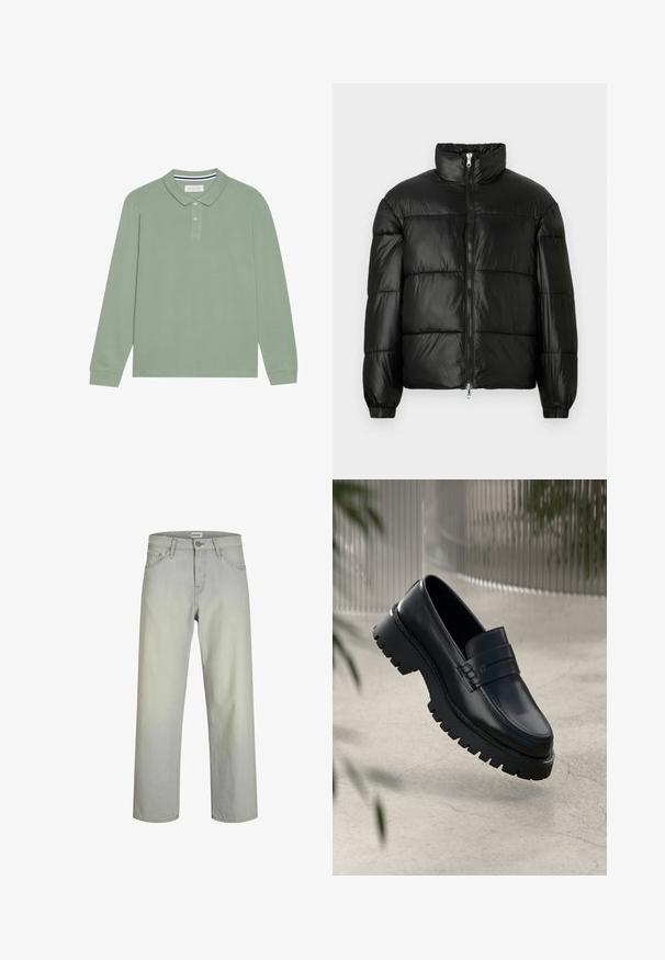 Giacca a vento nera con colletto alto, chiusura frontale con zip, design trapuntato, polsini elasticizzati e finitura in tessuto lucido e liscio.; Polo a maniche lunghe in cotone verde chiaro, con colletto, patta con tre bottoni e dettagli a strisce a contrasto sul colletto.; Jeans grigio chiaro, aderenti dritti con un classico design a cinque tasche, chiusura a bottone e passanti per cintura. Realizzati in tessuto denim con una trama liscia.; Mocasini in pelle nera con suola a tassello spessa, con una fascia decorativa e dettagli di cucitura. Texture liscia con una finitura lucida.