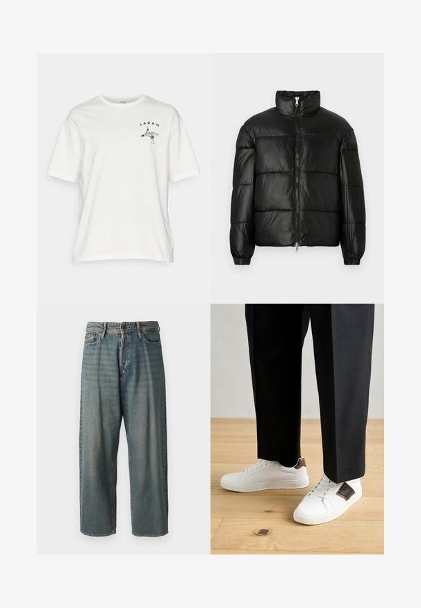 Melna pūkainā jaka ar augstu apkakli, rāvējslēdzēja priekšējo aizdari, quilted dizainu, elastīgām piedurknēm un spīdīgu, gludu auduma apdari.; Balta kokvilnas T-kreklu ar īsām piedurknēm, ar melnu grāfu grafiku un tekstu "JAPĀNA" izliekta fontā kreisajā krūtī.; Gaiši zili džinsi ar brīvu piegriezumu, vidējo jostas augstumu un taisnām kājām. Satur piecas kabatas, jostas cilpas un pogu aizdari.; Baltā pārsoļa apavi ar gludu tekstūru, papildināti ar brūniem ādas akcentiem un melniem elementiem, savienoti ar melnām pielāgotām biksēm. Koka grīdas fons.