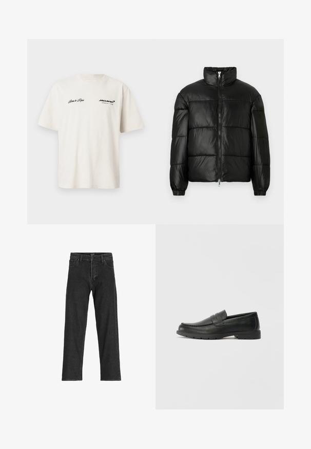 Black puffer jacket with a high collar, zip front closure, quilted design, elastic cuffs, and shiny, smooth fabric finish.; White short-sleeve t-shirt made of cotton with black text: "Born to Race" on the left and "McLaren Formula 1 Team" on the right.; Black denim jeans with a straight leg design, featuring a zip fly, belt loops, and six pockets, made from a sturdy cotton blend fabric.; Black leather loafers with a smooth finish, moccasin-style upper, stitched detailing, and a rubber sole. Classic design with a low heel.