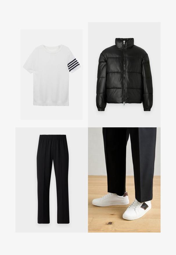 Black puffer jacket with a high collar, zip front closure, quilted design, elastic cuffs, and shiny, smooth fabric finish.; White short-sleeve knit T-shirt featuring a ribbed texture and a black stripe detail on the left sleeve. Round neckline, relaxed fit.; Black, elastic-waist trousers with a straight-leg design, featuring a smooth texture and no visible patterns or hardware.; White sneakers with smooth texture, featuring brown leather accents and black detailing, paired with black tailored pants. Wooden floor background.