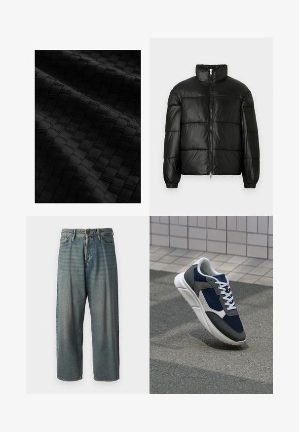 Must mustaga jakker, millel on kõrge krae, luku esikinnitus, tikanditud disain, elastsed mansetid ja läikiv, sile kangast viimistlus.; Must tume tekstuuriga kangas, millel on tõstetud ruutude kudumismuster, näidates sujuvat pinnat ja keerukat detaili.; Heledad sinine denim-stiilis teksad, volüümse lõike, keskmise kõrgusega talje ja sirgete säärega. Omab viit taskut, vöökumme ja nööpide sulgemist.; Sneaker, mille sinine võrkkangas, hallid nubukdetailid, valge kummitald ja lamedad valged paelad, disainitud mugavuseks ja hingavuseks.