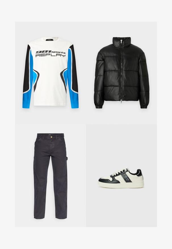 Juodas pūkinis švarkas su aukštu apykakle, užtrauktuko priekyje, siuvinėtu dizainu, elastingais rankogaliais ir blizgia, lygiąja audinio apdaila.; Ilgų rankovių sportinė marškinė su balta priekiu, juodais ir mėlynais rankovių paneled, ir "981 sport REPLAY" logotipu atspausdintu krūtinėje.; Tamsiai pilkos krovininės kelnės, pagamintos iš patvarios medžiagos, su tiesaus kirpimo, penkiomis kišenėmis ir mygtukiniu užtrauktuku liemens srityje.; Odiniai sportbačiai juodos ir kreminės spalvų schemoje, su perforuotais akcentais, paminkštinta apykakle ir tekstūruotu padu.