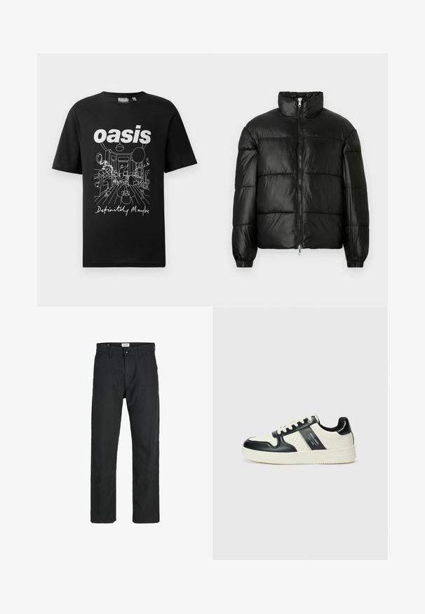 Must mustaga jakker, millel on kõrge krae, luku esikinnitus, tikanditud disain, elastsed mansetid ja läikiv, sile kangast viimistlus.; Must musta T-särk mustast puuvillast, millel on valge graafiline trükk, mis kujutab toas stseeni inimestega, ja all tekst "oasis" ja "Definitely Maybe".; Mustad mustad, mis on valmistatud vastupidavast kangast, sirge jala disainiga, õmmeldud detailidega ja kahe eesmise taskuga funktsionaalsuse jaoks.; Nahatud nahkkingad musta ja kreemi värviskeemiga, millel on perforeeritud aktsendid, pehme krae ja tekstureeritud tallad.