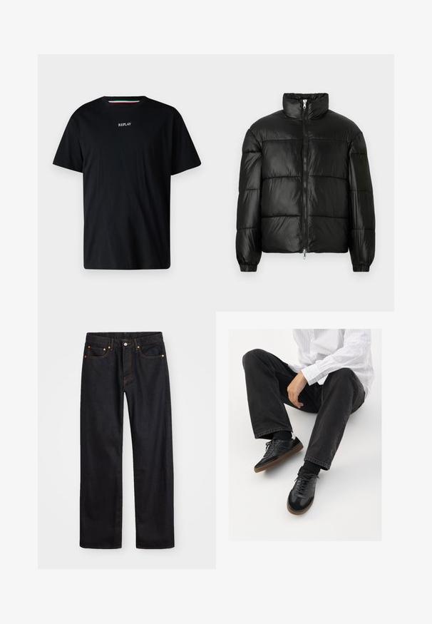Zwarte pufferjack met een hoge kraag, ritsvoorzijde, gestikt ontwerp, elastische manchetten en een glanzende, gladde stofafwerking.; Zwarte katoenen T-shirt met een ronde hals en korte mouwen. Het woord "REPLAY" is in het wit geborduurd over de borst.; Heren straight-leg zwarte denim jeans met vijf zakken en oranje stiksels, knoop- en ritssluiting op de voorkant van de tailleband.; Zwarte sneakers met een glad en textuur detail, voorzien van een rubberen zool en donkere veters. Gecombineerd met zwarte jeans en een wit gestreept shirt.
