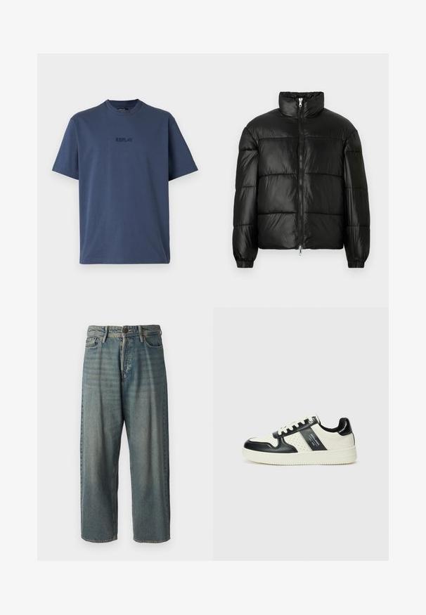 Black puffer jacket with a high collar, zip front closure, quilted design, elastic cuffs, and shiny, smooth fabric finish.; Short-sleeve navy blue t-shirt made of cotton with a crew neck; features subtle embroidered "REPLAY" logo on the chest.; Light blue denim jeans with a loose fit, mid-rise waist, and straight legs. Features five pockets, belt loops, and a button closure.; Leather sneakers with a black and cream color scheme, featuring perforated accents, a padded collar, and a textured outsole.