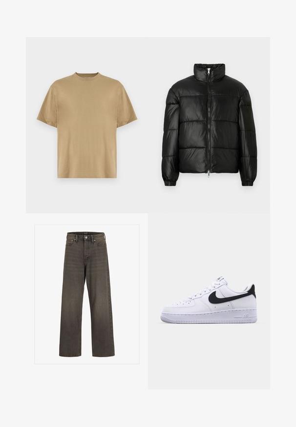 Must mustaga jakker, millel on kõrge krae, luku esikinnitus, tikanditud disain, elastsed mansetid ja läikiv, sile kangast viimistlus.; Khaki lühikeste varrukatega T-särk, mis on valmistatud pehmest kangast, ümara kaelusega ja mugava lõikega. Mustreid ega graafikat pole.; Laia säärtega sinimustad teksad tumeda halli denimi, kõrge talje, klassikalise viie tasku disaini ning kontrastsete õmblustega õmblustel.; Valge nahast toss musta tekstuuriga Swooshiga, lamedate nööridega ja kummist tallaga, millel on sooneline muster. "AIR" on reljeefne kandadel.