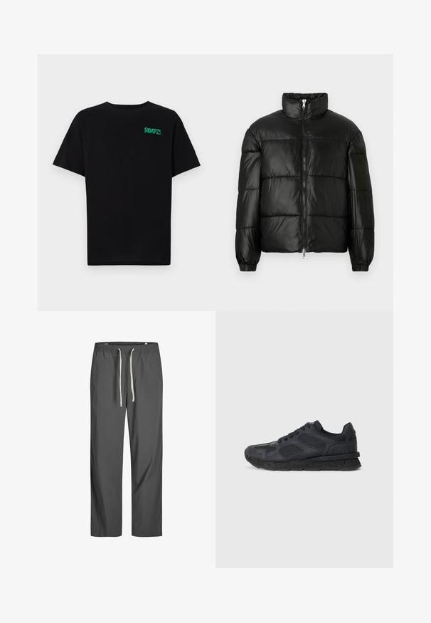 Mustat puffer-takki korkealla kauluksella, vetoketjukiinnitys edessä, tikattu malli, joustavat hihansuut ja kiiltävä, sileä kangasviimeistely.; Mustat t-paidat, jotka on valmistettu puuvillasta ja joissa on lyhyet hihat. Edessä vihreä "ROOTS"-logo, pyöreä kaula-aukko ja normaali istuvuus.; Harmaat, kevyet housut, joissa on elastinen vyötärö ja valkoinen nauha. Vapaasti istuva malli, sileä pinta, ei näkyviä kuvioita tai yksityiskohtia.; Replay ARTHUR ATOM - Matalavartiset tennarit - black