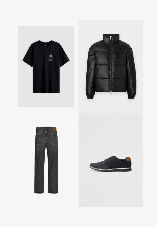 Must mustaga jakker, millel on kõrge krae, luku esikinnitus, tikanditud disain, elastsed mansetid ja läikiv, sile kangast viimistlus.; Must musta T-särk, millel on väike kuldne päikese graafika ja valge Levi'si logo. Klassikaline ümar kaelus ja lühikesed varrukad. Lihtne disain.; Mustad denim püksid otse sääre lõikega, viie taskuga stiil ja pruun nahkplekk vöökohtas. Tekstuuriga kangas, millel on õmblusdetailid.; Mustavad sünteetilised jalatsid tekstureeritud pealsega, siledad aktsendid, pruun kand ja kontrastne tall. Omab minimaalset lukkude ja õmbluste dekoratsiooni.