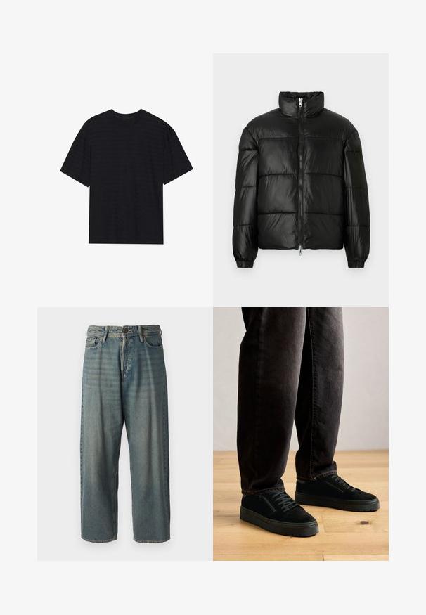 Black puffer jacket with a high collar, zip front closure, quilted design, elastic cuffs, and shiny, smooth fabric finish.; Black short-sleeve t-shirt featuring a subtle striped texture, relaxed fit, and crew neckline. Soft material with no visible logos.; Light blue denim jeans with a loose fit, mid-rise waist, and straight legs. Features five pockets, belt loops, and a button closure.; Person wearing black sneakers with laces and side zippers, paired with dark loose-fitting pants, standing on wooden floor.